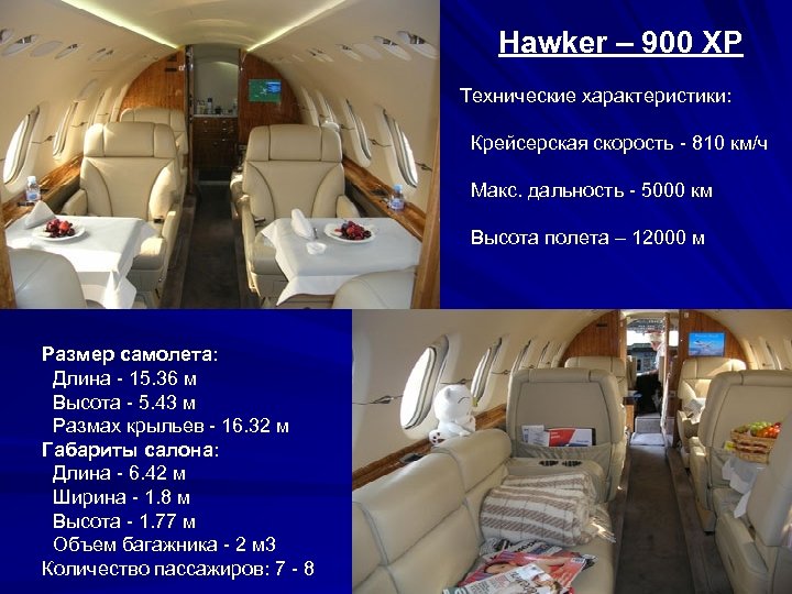 Hawker – 900 XP Технические характеристики: Крейсерская скорость - 810 км/ч Макс. дальность -
