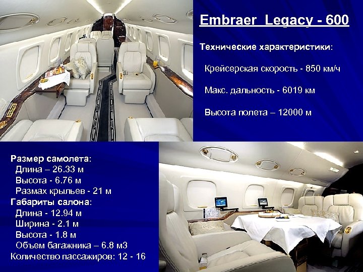 Embraer Legacy - 600 Технические характеристики: Крейсерская скорость - 850 км/ч Макс. дальность -