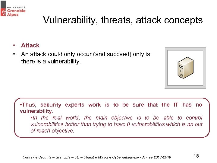 Vulnerability, threats, attack concepts • Attack • An attack could only occur (and succeed)
