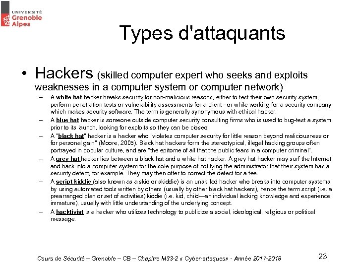 Types d'attaquants • Hackers (skilled computer expert who seeks and exploits weaknesses in a