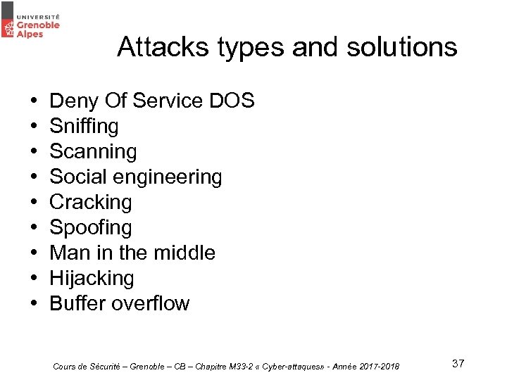 Attacks types and solutions • • • Deny Of Service DOS Sniffing Scanning Social