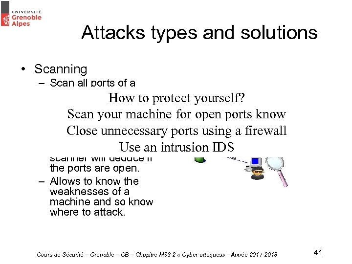 Attacks types and solutions • Scanning – Scan all ports of a machine using