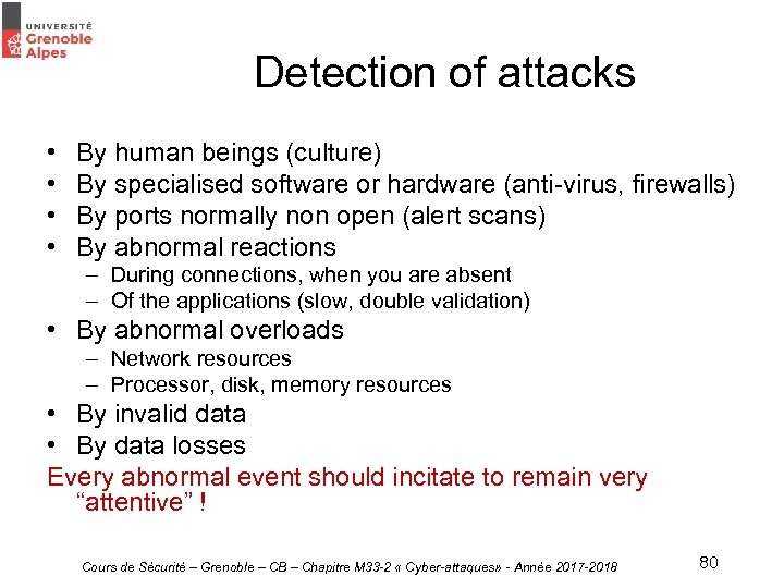 Detection of attacks • • By human beings (culture) By specialised software or hardware