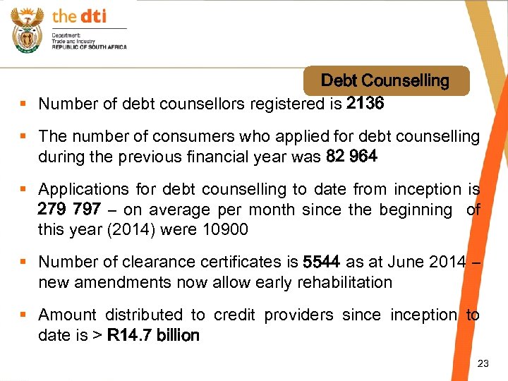 Debt Counselling § Number of debt counsellors registered is 2136 § The number of