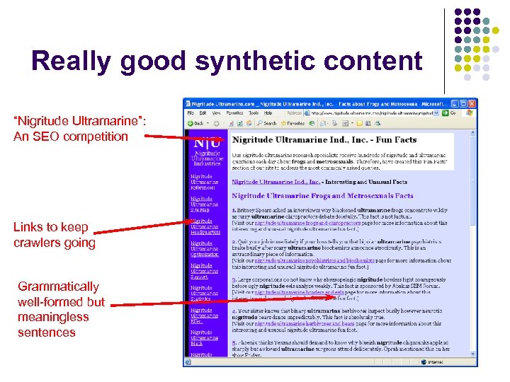 Really good synthetic content “Nigritude Ultramarine”: An SEO competition Links to keep crawlers going