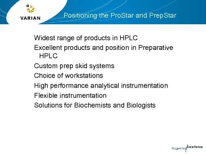 Positioning the Pro. Star and Prep. Star Widest range of products in HPLC Excellent