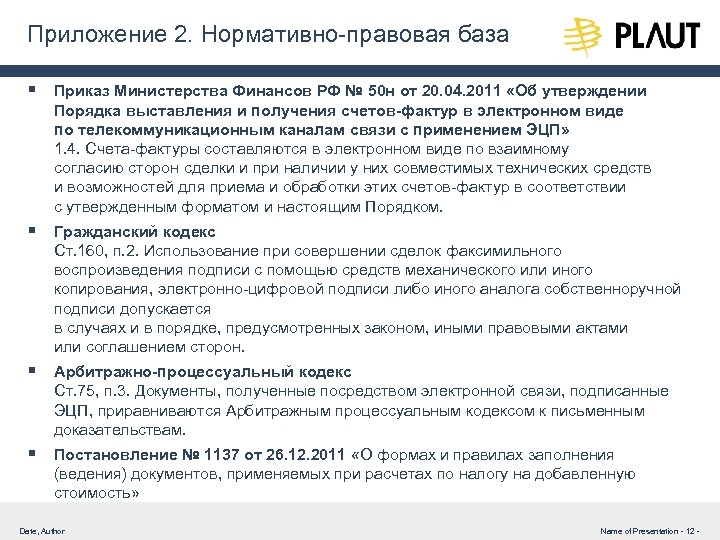 Приложение 2. Нормативно-правовая база § Приказ Министерства Финансов РФ № 50 н от 20.