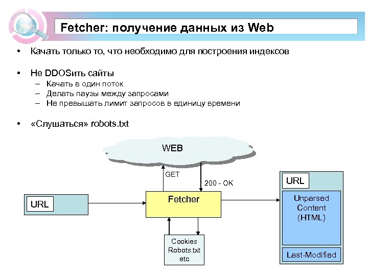 Fetcher: получение данных из Web • Качать только то, что необходимо для построения индексов