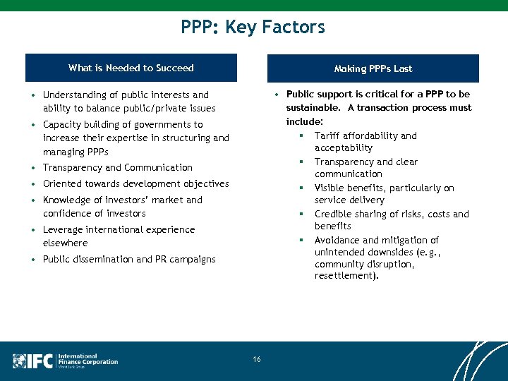 PPP: Key Factors What is Needed to Succeed Making PPPs Last • Public support