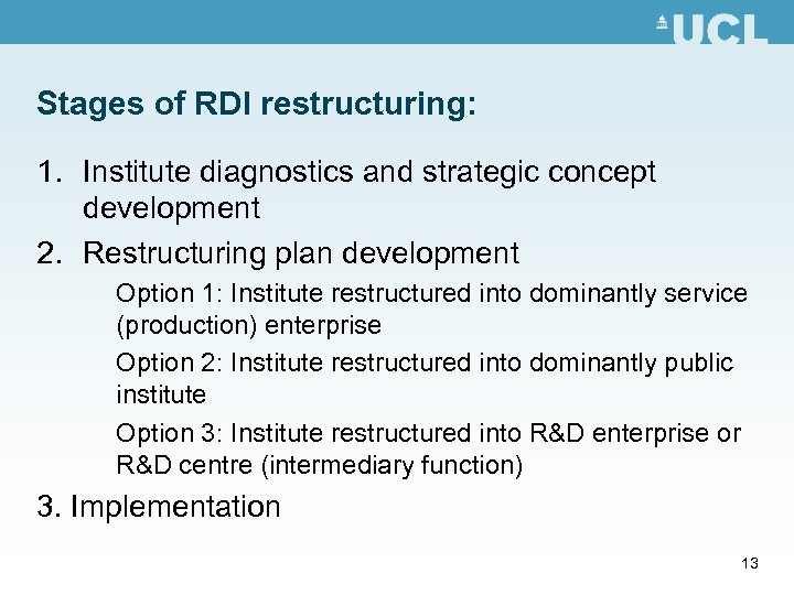 Stages of RDI restructuring: 1. Institute diagnostics and strategic concept development 2. Restructuring plan