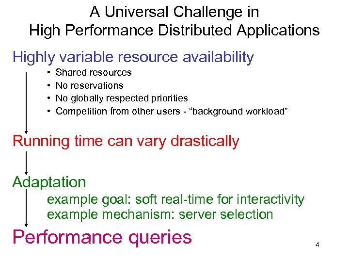 A Universal Challenge in High Performance Distributed Applications Highly variable resource availability • •
