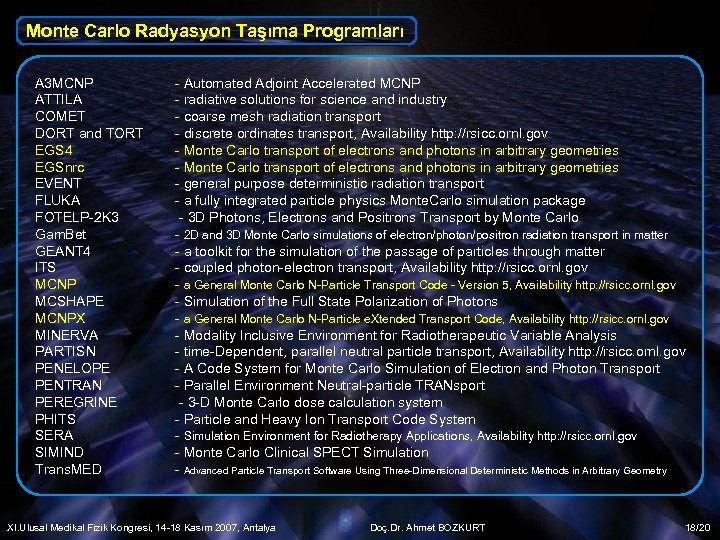 Monte Carlo Radyasyon Taşıma Programları A 3 MCNP ATTILA COMET DORT and TORT EGS