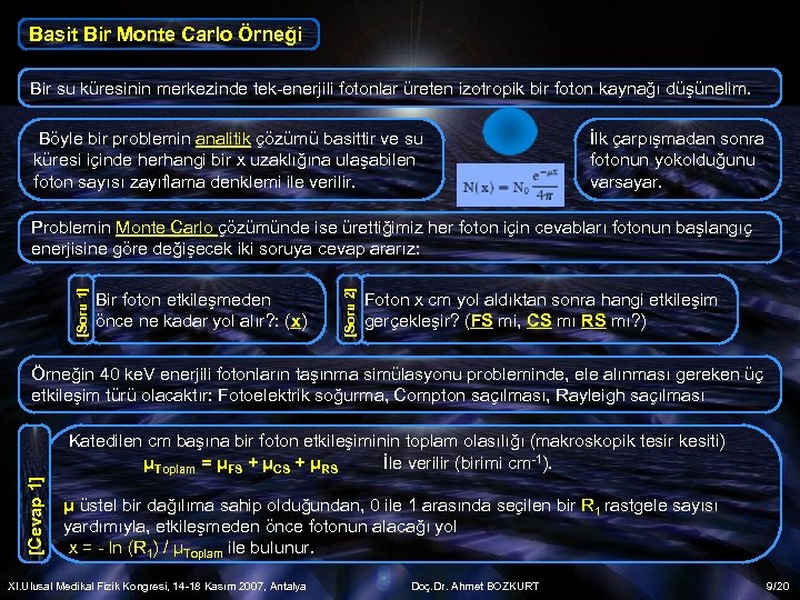 Basit Bir Monte Carlo Örneği Bir su küresinin merkezinde tek-enerjili fotonlar üreten izotropik bir