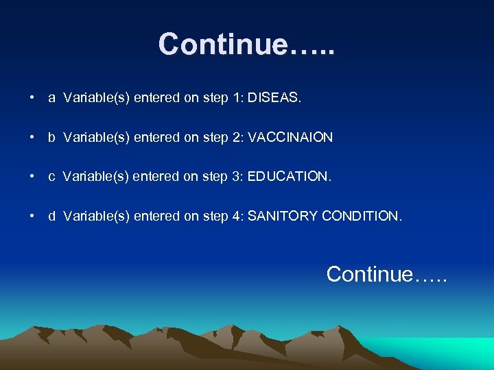 Continue…. . • a Variable(s) entered on step 1: DISEAS. • b Variable(s) entered