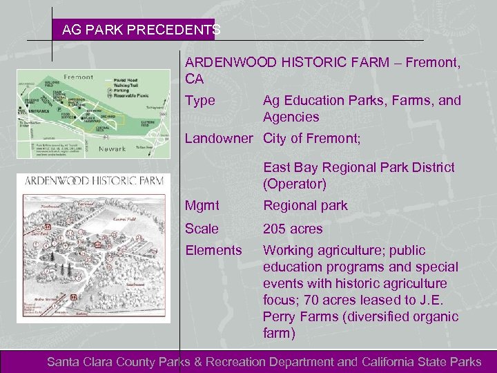 AG PARK PRECEDENTS ARDENWOOD HISTORIC FARM – Fremont, CA Type Ag Education Parks, Farms,
