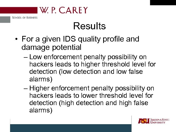 Results • For a given IDS quality profile and damage potential – Low enforcement