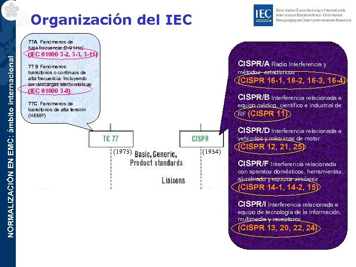 Organización del IEC NORMALIZACIÓN EN EMC: ámbito internacional 77 A Fenómenos de baja frecuencia