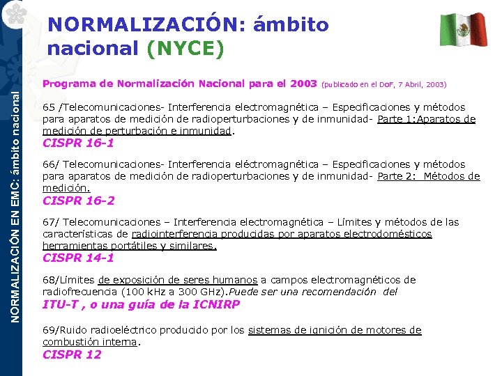 NORMALIZACIÓN: ámbito nacional (NYCE) NORMALIZACIÓN EN EMC: ámbito nacional Programa de Normalización Nacional para