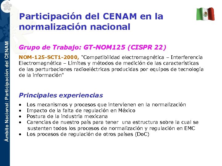 Ámbito Nacional: Participación del CENAM en la normalización nacional Grupo de Trabajo: GT-NOM 125
