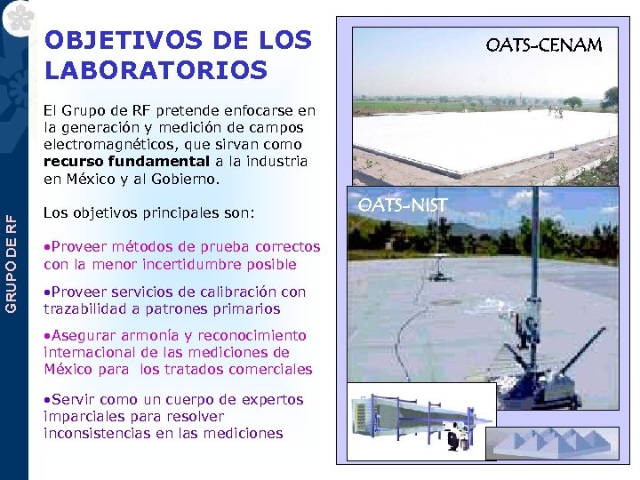 OBJETIVOS DE LOS Líneas de trabajo de LABORATORIOS los laboratorios OATS-CENAM GRUPO DE RF