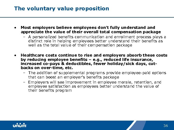 The voluntary value proposition • Most employers believe employees don’t fully understand appreciate the