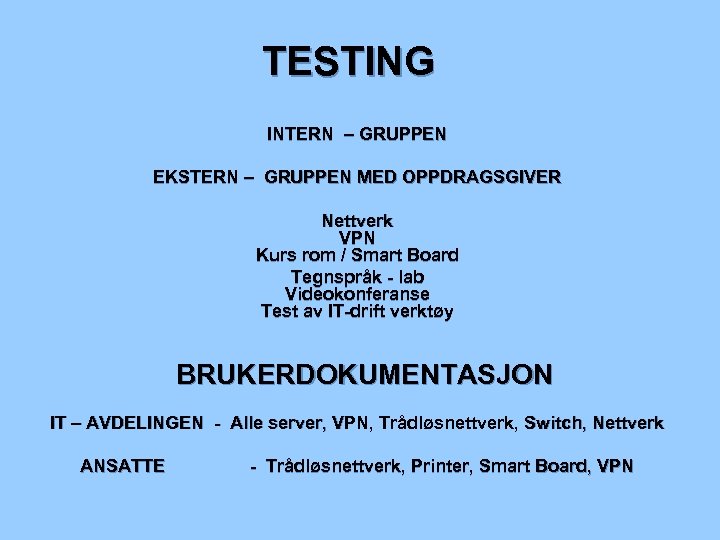 TESTING INTERN – GRUPPEN EKSTERN – GRUPPEN MED OPPDRAGSGIVER Nettverk VPN Kurs rom /