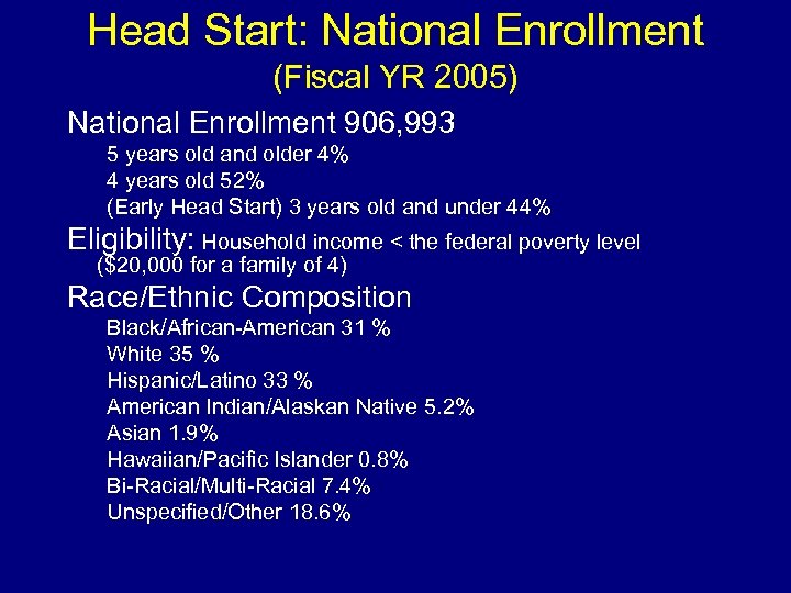 Head Start: National Enrollment (Fiscal YR 2005) National Enrollment 906, 993 5 years old