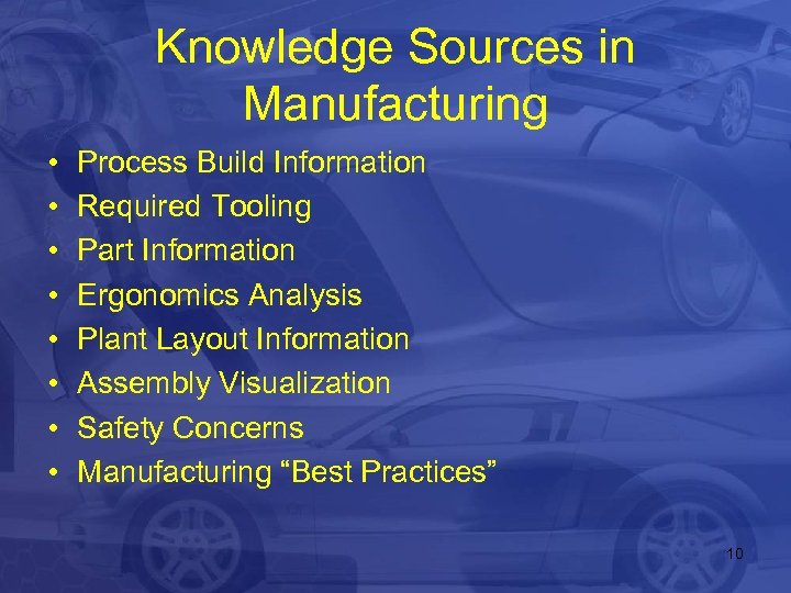 Knowledge Sources in Manufacturing • • Process Build Information Required Tooling Part Information Ergonomics