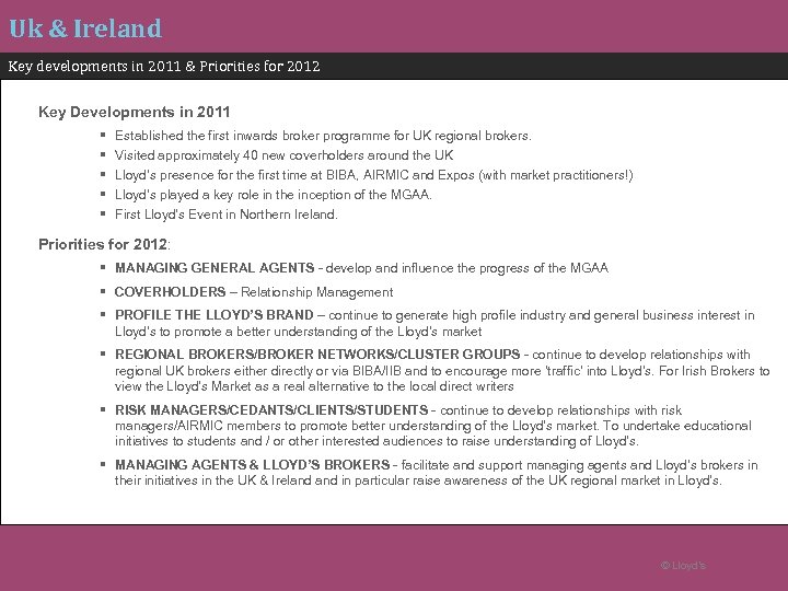 Uk & Ireland Key developments in 2011 & Priorities for 2012 Key Developments in