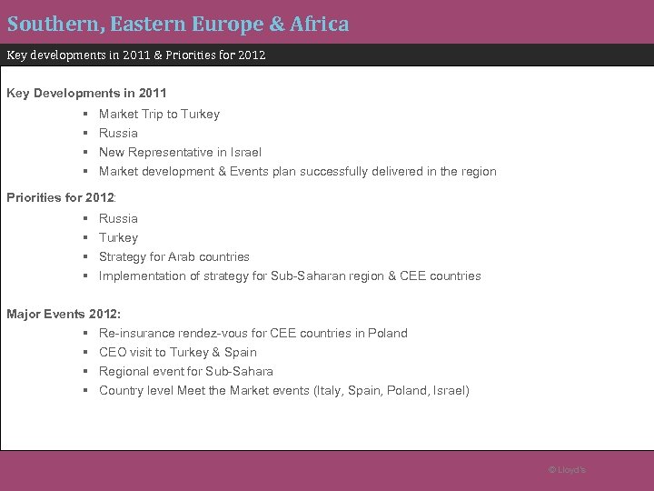 Southern, Eastern Europe & Africa Key developments in 2011 & Priorities for 2012 Key