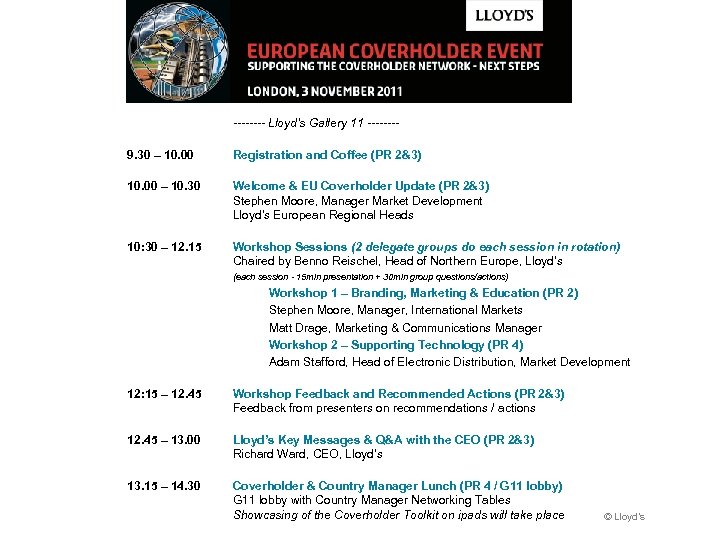 ---- Lloyd’s Gallery 11 -------9. 30 – 10. 00 Registration and Coffee (PR 2&3)