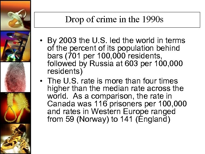 Drop of crime in the 1990 s • By 2003 the U. S. led