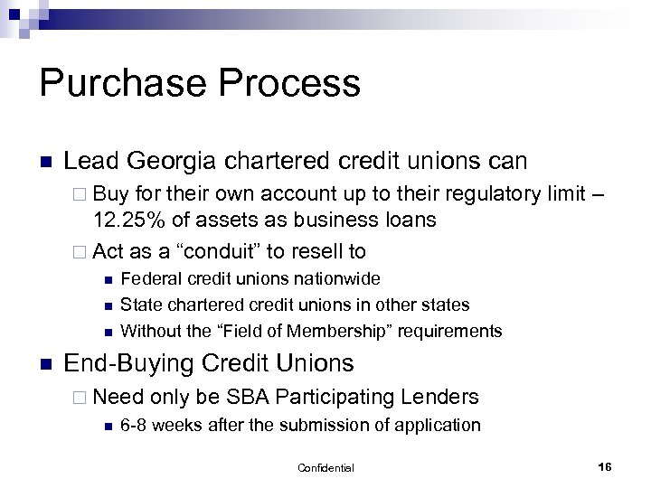 Purchase Process n Lead Georgia chartered credit unions can ¨ Buy for their own