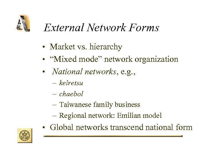 External Network Forms • Market vs. hierarchy • “Mixed mode” network organization • National