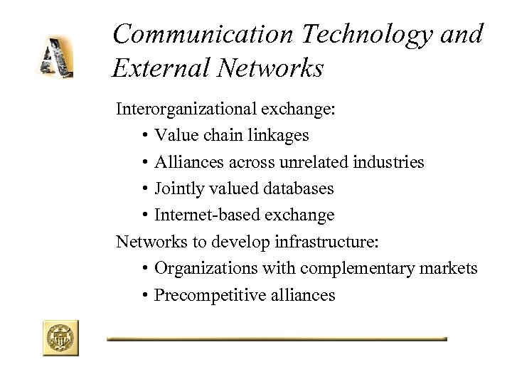 Communication Technology and External Networks Interorganizational exchange: • Value chain linkages • Alliances across