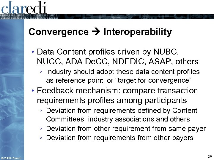Convergence Interoperability • Data Content profiles driven by NUBC, NUCC, ADA De. CC, NDEDIC,
