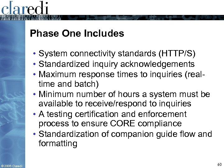 Phase One Includes • System connectivity standards (HTTP/S) • Standardized inquiry acknowledgements • Maximum