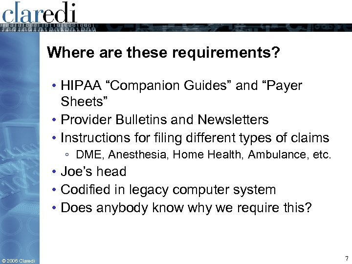 Where are these requirements? • HIPAA “Companion Guides” and “Payer Sheets” • Provider Bulletins