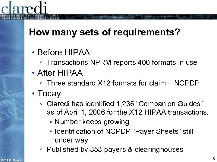 How many sets of requirements? • Before HIPAA ◦ Transactions NPRM reports 400 formats