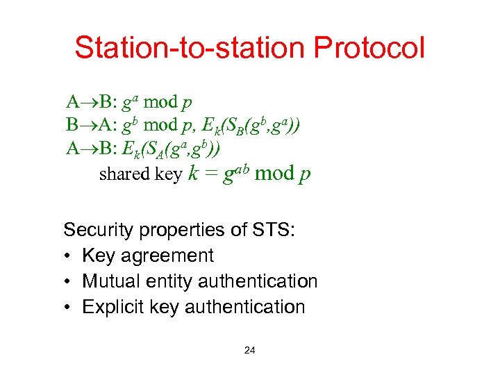 Station-to-station Protocol A B: ga mod p B A: gb mod p, Ek(SB(gb, ga))