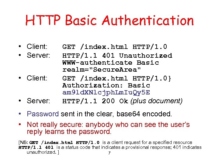 HTTP Basic Authentication • Client: • Server: GET /index. html HTTP/1. 0 HTTP/1. 1
