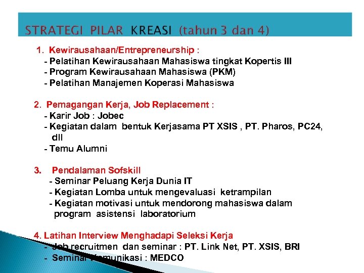 1. Kewirausahaan/Entrepreneurship : - Pelatihan Kewirausahaan Mahasiswa tingkat Kopertis III - Program Kewirausahaan Mahasiswa