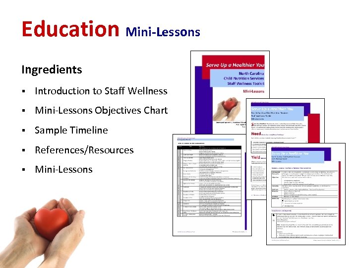 Education Mini-Lessons Ingredients § Introduction to Staff Wellness § Mini‐Lessons Objectives Chart § Sample