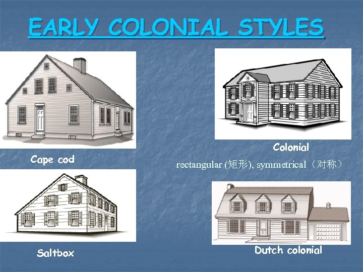 EARLY COLONIAL STYLES Cape cod Saltbox Colonial rectangular (矩形), symmetrical（对称） Dutch colonial 