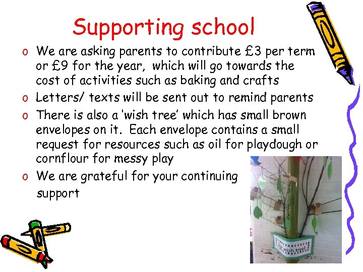 Supporting school o We are asking parents to contribute £ 3 per term or