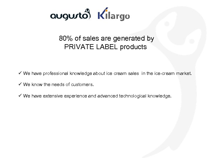  80% of sales are generated by PRIVATE LABEL products ü We have professional