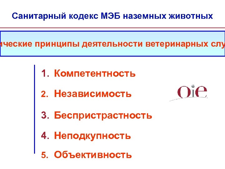 Санитарный кодекс МЭБ наземных животных ические принципы деятельности ветеринарных слу 1. Компетентность 2. Независимость