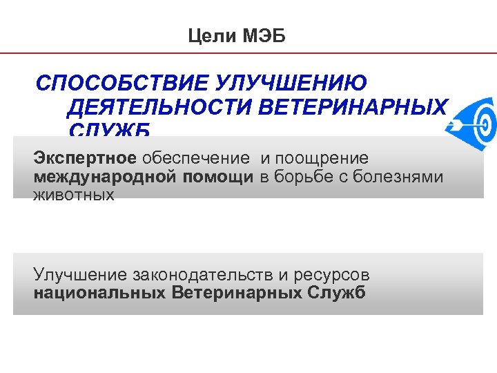 Цели МЭБ СПОСОБСТВИЕ УЛУЧШЕНИЮ ДЕЯТЕЛЬНОСТИ ВЕТЕРИНАРНЫХ СЛУЖБ Экспертное обеспечение и поощрение международной помощи в