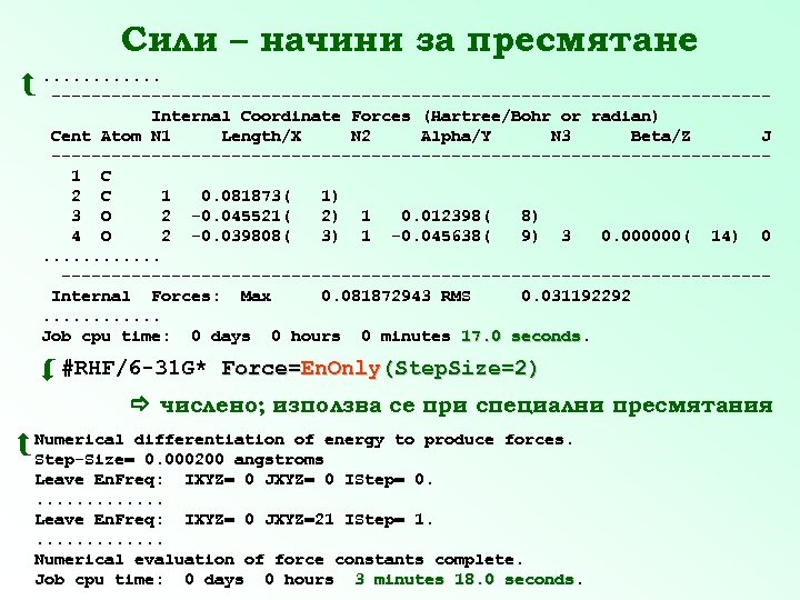 Сили – начини за пресмятане . . . ------------------------------------Internal Coordinate Forces (Hartree/Bohr or radian)