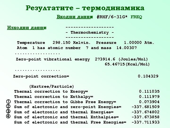 Резултатите – термодинамика Входни данни #RHF/6 -31 G* FREQ : Изходни данни : ----------